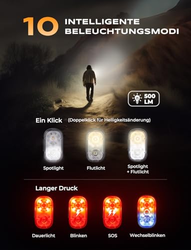 Glangeh 500LM Clip-Mini Taschenlampe EDC Led Aufladbar mit Spot & Flood, 10 Modi Freihändige Stroboskope & Sicherheitslichter Lauflicht mit IP65 Wasserdicht für Läufer/Arbeit/Notfall/Wandern/Boote