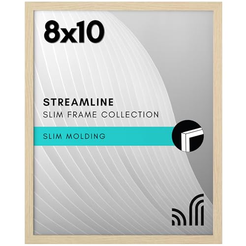 Americanflat 8x10 Picture Frame with Shatter-Resistant Glass - Streamline Collection - Thin Border Picture Frame for Tabletop and Wall Display - Hanging Hardware and Easel Stand Included - Natural Oak