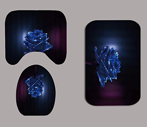 Fashion_Man 4Pcs/Set Royal Blue Rose Shower Curtain, Noble Elegant Romantic Floral Bathroom Decor, Waterproof Polyester Fabric Bath Curtain, Non-Slip Bath Rugs Toilet Mats, Blooming In The Dark Night #TOP3