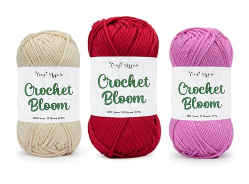 Image of Craft Affair | Crochet Bloom Cotton Yarn 8ply (Each Color 2mm, 77Meter, 50Gram) 100% Pure Cotton | for Knitting Yarn | Craft & DIY Project: Off White, Red, Pink