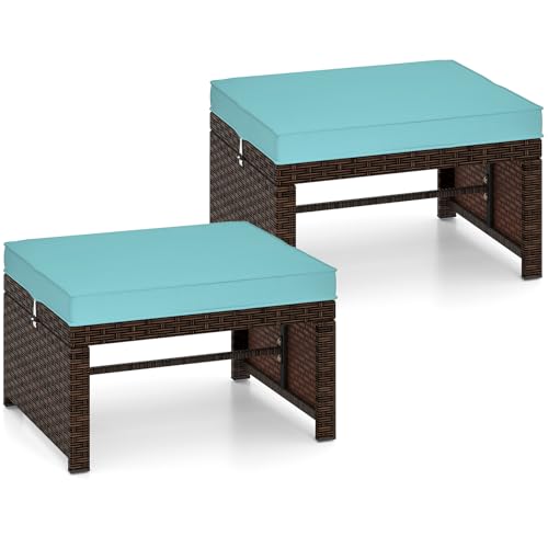 RELAX4LIFE Wicker Outdoor Ottoman Set of 2 - Rattan Footstools Foot Rest w/Removable Cushions, Multipurpose Side Table & Additional Seating, Outdoor Ottomans for Patio Garden Porch (Brown-Turquoise)