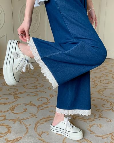 chouyatou Women's Casual Elastic Waist Denim Pants Lace Eyelet Hem Wide Leg Jean Capris Palazzo Culottes with Pockets2