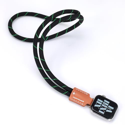pamovolio leather braided long paracord for Apple Watch 123456789se10s11 ultra49mm46/45/44/42/41/40/38 chain watch band necklace sweater chain for children man woman paracord braided rope fob(Black and green rope + Brown leather, ultra49/45/44/42mm(series123))