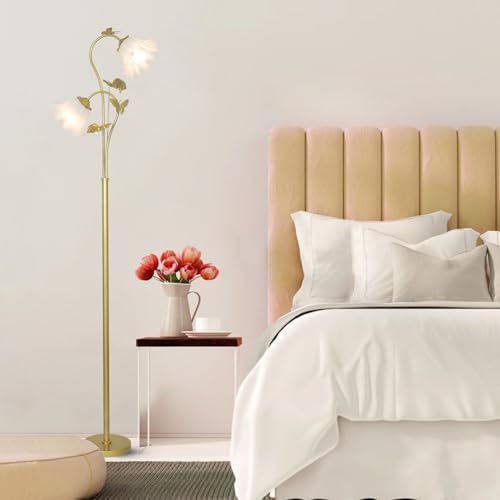 Image of HMVPL Gold Floor Lamp for Living Room, Flower Standing Lamp with 2 LED 5W Blubs, Foot Switch, Floral Tall Lamp with Acrylic Shade, Antique Lotus Flower Floor Lamp for Living Room Office Reading