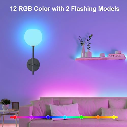 Image of Black Battery Operated Wall Sconces Set of 2, Rechargeable Wireless Wall Lights with Milky White Frosted Glass Shade, 12 RGB and 3CCT Dimmable, Wall Lamps with Remote for Bedroom Living Room Hallway