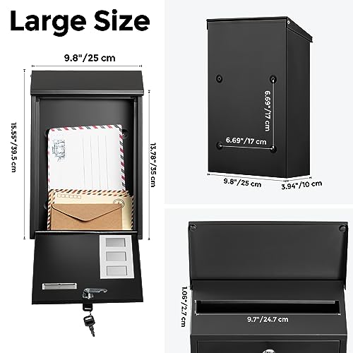 LAND·VOI Wall Mounted Mailbox with 4 Keys, Post Box for Wall and Fence, Viewing Windows, Nameplate, Easy to Install, 3.94 x 9.8 x 15.6 Inches, Large Capacity, Includes Mailbox Numbers, Matt Black - Thumbnail 7