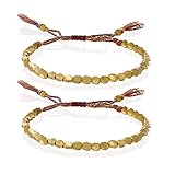 FUTTMI 2pcs Tibetan Copper Bead Bracelet - Buddhist Good Luck Bracelet Handmade Braided Cotton Brace