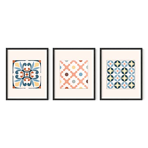 HAUS AND HUES Mid Century Wall Art Boho Wall Art Framed - Set of 3 Mandala Wall Decor, Boho Framed Art, Abstract Art, Bohemian (Tiles, 8x10 Black Framed)