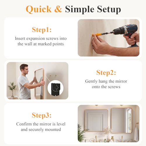 Image of Sweetcrispy Bathroom Mirror 36x24 Inch Metal Framed Rounded Rectangle Vanity Mirror for Wall, Over Sink, Farmhouse, Restroom, Anti-Rust, Modern Decorative, Horizontal or Vertical Hanging, Wood
