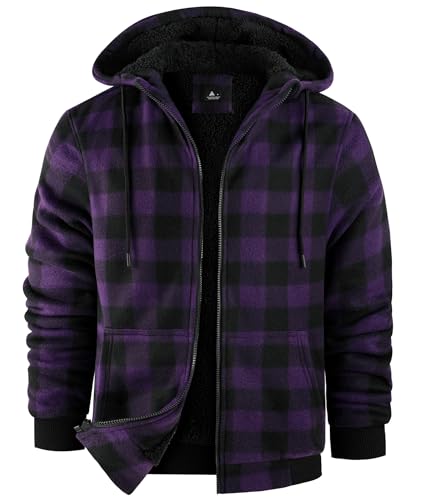 Mens Plaid Hoodies Winter Zip Up Fleece Jacket Sherpa Fleece Lined Warm Flannel Jacket Coat