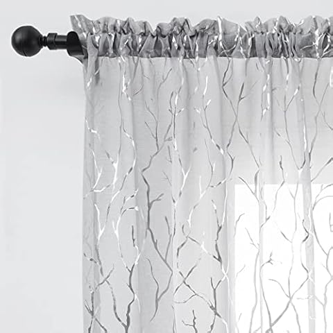 FINECITY Tree Branch Silver Sheer Curtains for Living Room - Metallic Silver Tree Pattern Grey Curtains 84 Inch Length for Bedroom Rod Pocket Sheer Tree Curtains, 52 x 84 Inch, 2 Panels, Gray Cover