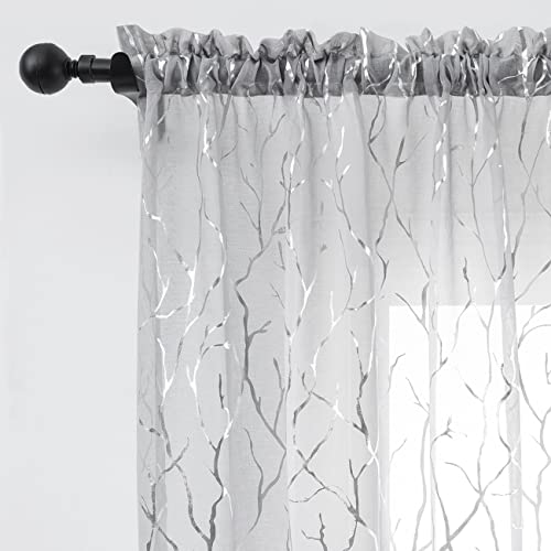 FINECITY Silver Grey Sheer Curtains for Bedroom - Metallic Silver Sparkle Sheer Curtains 63 Inch Length Rod Pocket Sheer Window Curtains Short Printed Twig Pattern, 52 x 63 Inches, 2 Panels, Gray