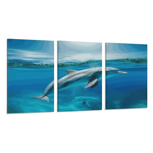 Toile dauphin mer bleue en 3 panneaux pour habiller un mur blanc vide de salon