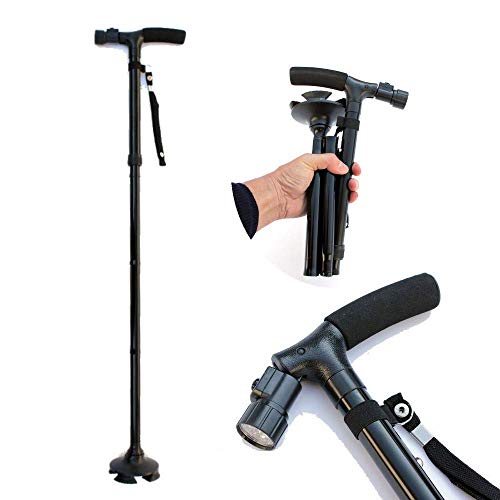 Walking Sticks Seat Folding Cane with LED Light- Foldable Walking Cane for Men, Women, Adjustable Crutch with Seat for Fathers Mothers Gifts Family