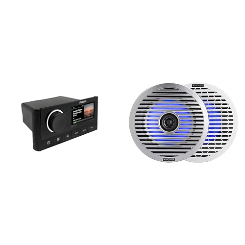 Kicker 51KM614FL 6.5-Inch (165mm) Thin-Mount Marine Coaxial Speakers with RGB LED, 4-Ohm, White & Silver Grilles Included, Bundled with MS-RA670 Apollo Marine Receiver