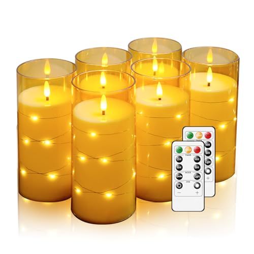 Image of Amber Flickering Flameless Candles with Remote Timer, 6 pcs LED Battery Operated Candles with String Lights, Same Size D3 H6