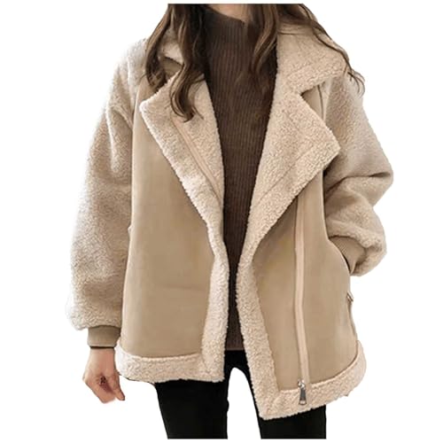 Teddyjacke Damen Wildleder Lederjacke Gefüttert Warm Teddy Mantel Revers Langärmelige Wildlederjacke Übergangsjacke Fleecejacke Khaki 3XL