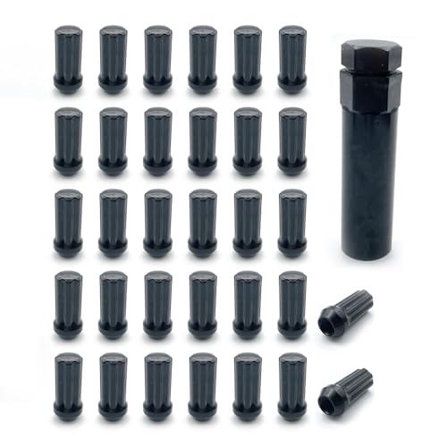 Image of 32PCS Black M14x1.5 Wheel Lug Nut,Conical /Cone Bulge Seat, Closed End Long Extended XL Spline with 1 Socket Key Fits 8 Lug Aftermarket Wheels