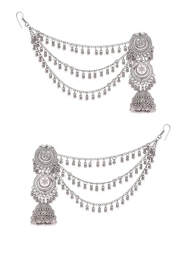 Rubans Silver-Plated Dome Shaped Jhumkas With Hair Chain (B0D741QFHF) Amazon Price History, Amazon Price Tracker