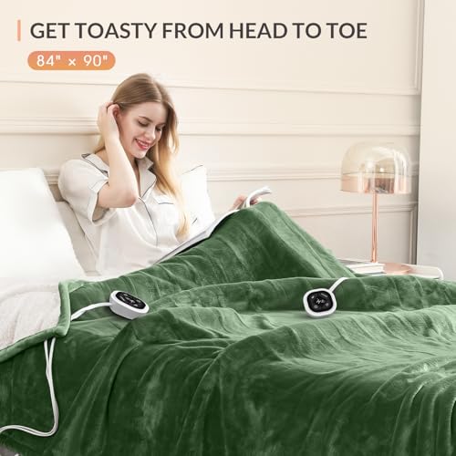 Image of HOMLYNS LuxeHeat Heated Blanket Electric Blanket Queen Size, Soft Flannel Sherpa Heating Blanket with 10 Heat Settings, 1-10 hrs Timer Auto Shut Off (84x90 inches, Green), Only for 120V Voltage Use