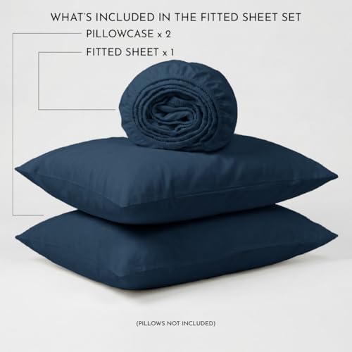 Image of Blue Dahlia 100% Cotton, King Size /Double, Elastic Fitted Bedsheet (72 inchx78 inch) + 2 Pillow Covers, Percale Weave, Fits Upto 10 inch Mattress, 200TC Solid Premium Bedsheet, Colour: Navy Blue