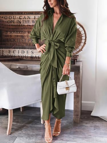 BTFBM Summer Dresses for Women 2026 Long Sleeve V Neck Button Down Elegant Belted Ruched Satin Silk Shirt Fall Dress(Army Green, X-Large) — view 4