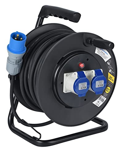 Prolunga In Gomma Con Avvolgicavo 25 M Electraline - Spina CEE 3 Poli, 2 Prese (industriale+Schuko). IP44, Per Camper, Cantieri, Esterno