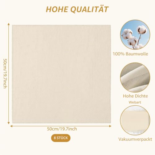 8 Stück Passiertuch 50×50 cm – Waschbares Käsetuch, Feines Mulltuch Zum Filtern von Saft, Käse, Tee, Nussmilch, Suppe, Joghurt & Tofu – Wiederverwendbares Abseihtuch für Küche & Haushalt
