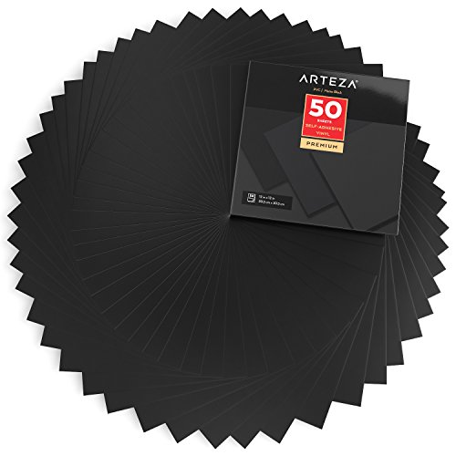 ARTEZA Self Adhesive Vinyl Sheets, 12 x 12 Inches, Pack of 50, Matte Black, Waterproof and Easy to Weed and Cut, SAV for DIY Projects