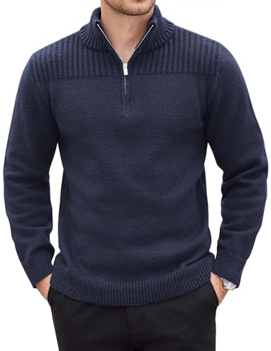 COOFANDY Herren 1/4 Zip Pullover Langarm Strickpullover Winter Basic Winterpullover mit Stehkragen Freizeit Casual Sweater für Männer Navy Blau XL