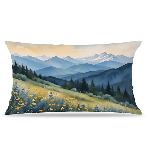 FITIE Blue Ridge Snow Mountains Pillow Covers 12x20, Abstract Watercolor Wildflower Meadow Forest Nature Landscape Decorative Lumbar Pillow Covers for Home Bedroom Living Room