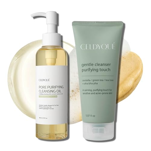 Korean Double Cleanse Duo Set Pore Purifying Cleansing Oil & Gentle Face Wash Mild Acid Complex Sensitive Skin w/ Centella Tea Tree & Green Tea LHA AHA BHA PHA for Gentle Exfoliation Acne Care