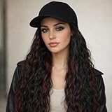 AliRobam Hat Wigs Baseball Cap with Curly Wave hair Extensions attached for woman Heat Resistant Synthetic Fiber curls Hairstyle in Adjustable hats for girls (M 1B/red, 14inch)