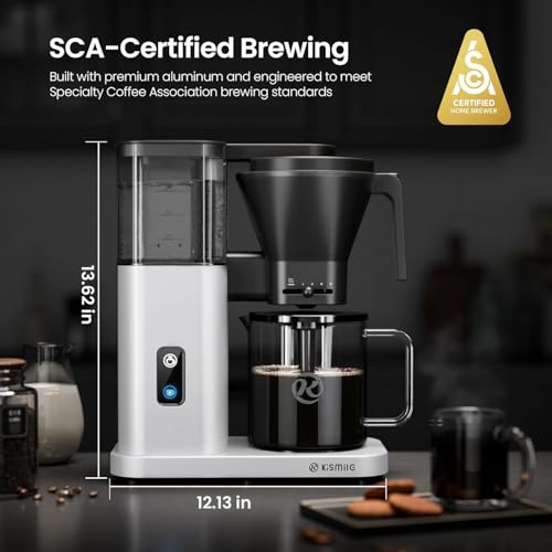 Image of Kismile SCA-Certified 8 Cup Drip Coffee Maker, Pour Over Coffee Machine with 3s Instant Heat 197-205℉, Adjustable Flow Control, Removable Water Tank, Deep Cold Brew & 40 Min Keep Warm (Pearl White)