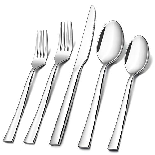 30-Piece Silverware Set, E-far Stainless Steel Flatware Set Service for 6, Modern Tableware Cutlery Set for Home and Restaurant, Square Edge & Mirror Finish, Dishwasher Safe