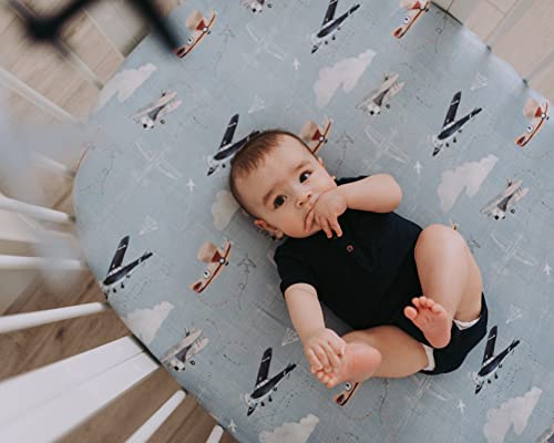 Image of Crib Sheets Neutral - Fitted Baby Crib Sheets Bed for Girl Boy - 2 Pack Standard & Toddler Mattress - Buttery Soft Organic Cotton Blend (Airplanes in the Clouds)