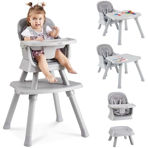 8 in 1 Baby High Chair with Removable Tray, Multifunctional High Chair for Babies and Toddlers, Converts Kids Table & Chair Set/Toddler Building Block Table/Step Stool/Small Dining Chair (Grey) Cover