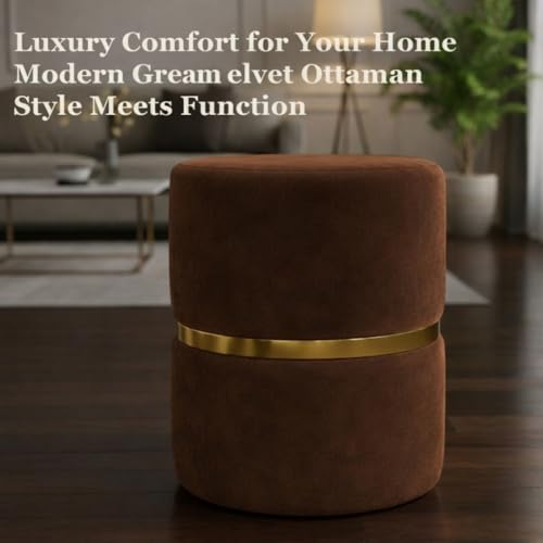 Image of Round Single Strip Upholstered Stool Living Room Foot Rest Linen Fabric Padded Seat Pouf Ottoman Office Stool Brown