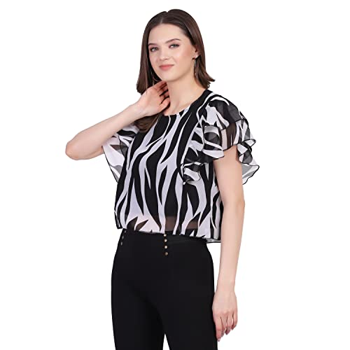 Image of Women's Pink Animal Printed Ruffle Sleeve Top, Western Style, Round-Neck