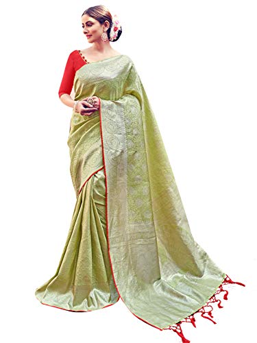 Sarees for Women Banarasi Art Silk Woven Saree || Ethnic Indian Traditional Wedding Gift Sari with Unstitched Blouse Olive Green