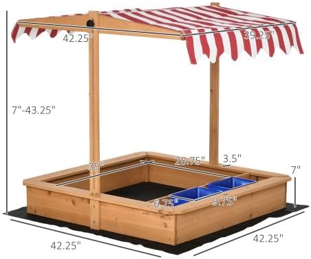 ZenithX Kids Wooden Sandbox, Children Sand Outdoor, with Adjustable Height Cover, Bottom Liner, Seat, Plastic Basins, Boys and Girls, for Backyard, Beach, Lawn, YYUE-240517-29