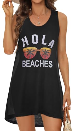Women Swimwear Summer Casual Tank Dresses Beach Swimsuit Cover Up Bikini Sundress(Black Beach,M)