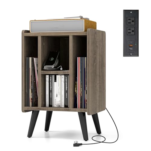 GOPLUS Table d’appoint avec Station de Charge,2 Prises, 2 USB, 1 Type-C, Meuble Rangement Vinyle, 4 Compartiments, Pieds Surélevés pour Canapé, Salon, Chambre, Chêne Gris - Les Beatles, Paul McCartney, John Lennon, RIngo Starr, George Harrison GOPLUS Table d'appoint avec Station de Charge,2 Prises, 2 USB, 1 Type-C, Meuble Rangement Vinyle, 4 Compartiments, Pieds Surélevés pour Canapé, Salon, Chambre, Chêne Gris