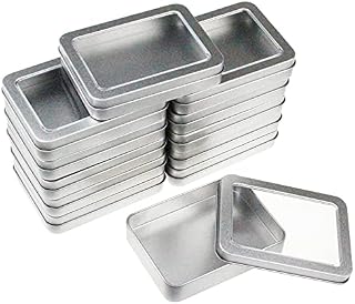 Goodma 12 Pieces Rectangular Empty Metal Tins Home Storage Containers Organizer Mini Box with Clear Window Lid, 115 x 85 x 22 mm (Silver)