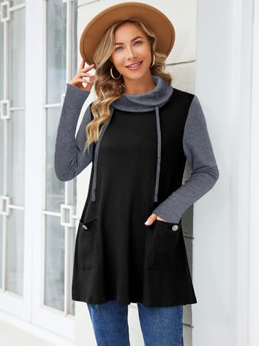 Bulotus Fall Sweaters for Women 2025 Cowl Neck Asymmetrical Long Tunics for Leggings Vacation Travel Tops with Pockets