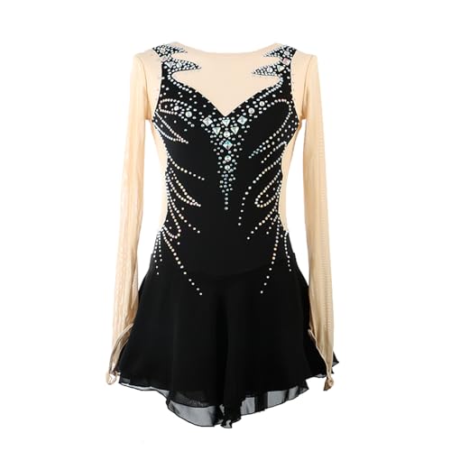 DIJITOO Vestido de patinação artística, fantasia de desempenho de competição de emenda de strass lin