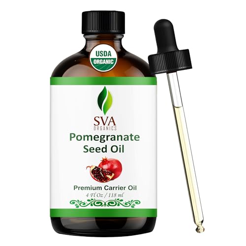 Image of SVA Organic Pomegranate Seed Carrier Oil with Dropper, 4 Fl Oz (118 ml) | Pomegranate Seed Oil for Face, Facial Oil, Skin, Hair, Body Oil, Body Massage, Nail Care & DIY Beauty Blends in Glass Bottle