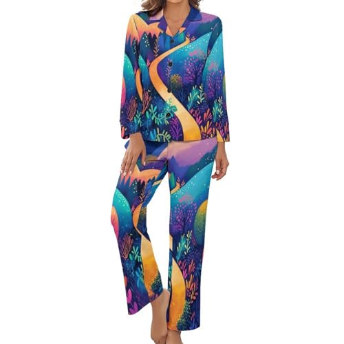 Pyjama femme chic 2 pièces à manches longues et pantalon élastique imprimé montagnes