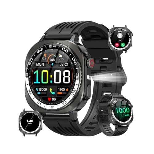 Smart Watch,2026 AMOLED 1.43",Bluetooth 5.4 Calling Smartwatch,1000mAh Battery,96 Days military watches,130+ Sports,Flashlight,Heart Rate,Sleep Monitor,IP68 Waterproof Fitness Tracker,for Android iOS