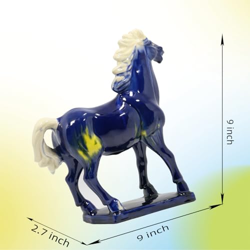 Ceramic Horse Sculpture -9 inch Hand Made Tang Tri-Color China Cultural Art Piece,Museum Collection Inspired Home and Office Decor (Blue)